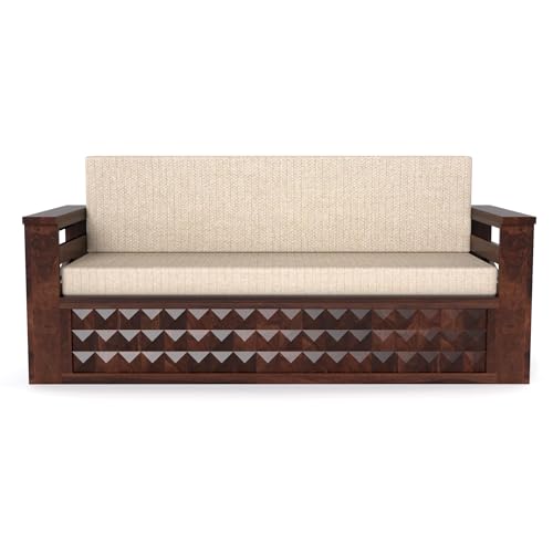 Image of Mamta Furniture Solid Sheesham Wood Sofa Set 3 Seater Furniture Wooden 3 Seater Sofa Cums Bed for Home Living Room with Cushions (Walnut with Cream, 3 Seater Design 2)