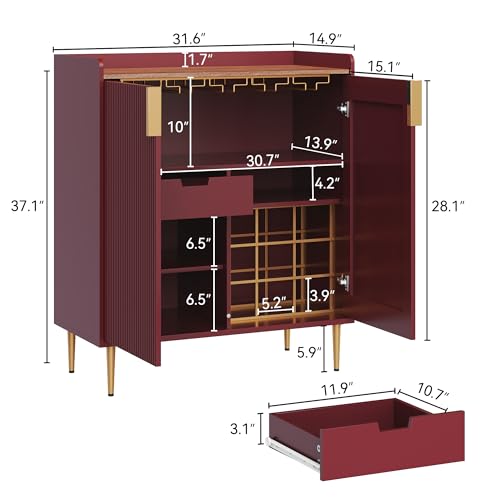 Image of ARTPOWER Coffee Bar Cabinet with Wine Rack&Glass Holder, Red