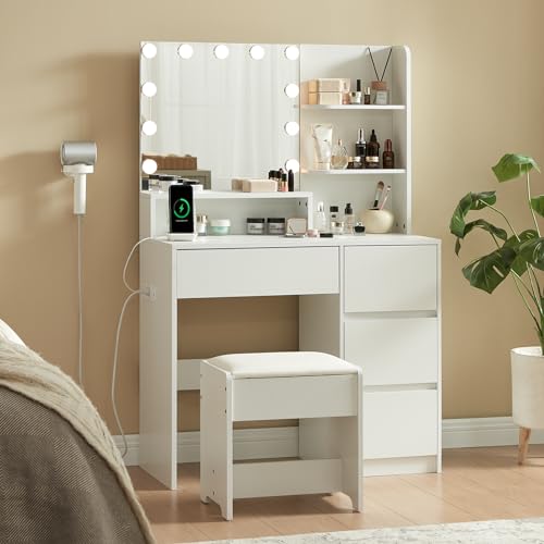 Alaxgumrol Makeup Vanity Set with Mirror and Lights - Small Vanity Desk with 4 Drawers, Power Outlet, USB Ports, Stool - Dressing Table with 3 Lighting Color Adjustable for bedroom White