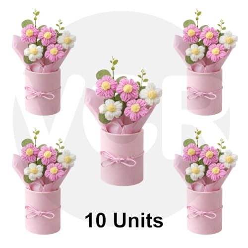 Image of VCR Handmade Pink Crochet Bouquet- Pack of 10 - Hand Woven Knitted Artificial Hand Knitted Bouquet Flower for Office Desk, Table, Car, Bedroom, Wedding & Special Occasions