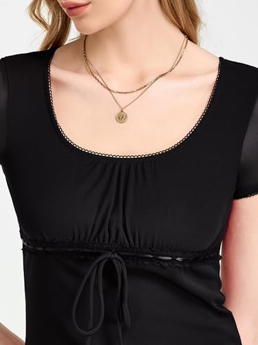 WINHORSE Womens 90s Short Sleeve Summer Tops Cute Babydoll Scoop Neck Ruffle Hem Trendy Y2K T-Shirts, Black, S — view 3