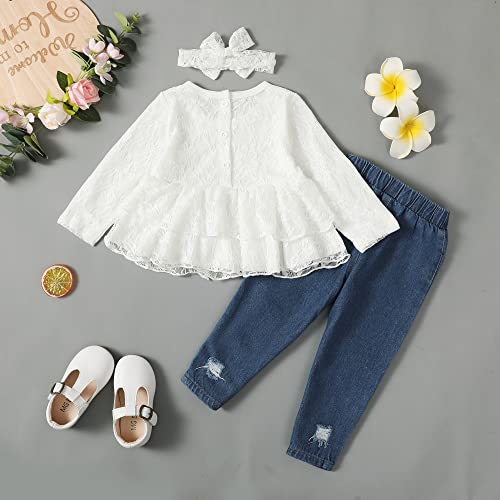 Infant Baby Girl Clothes Lace Long Sleeve Outfits 9 Months Girl Clothes Ruffle Shirt Rip Jeans Pants Fall Winter Clothes For Baby Girl 6-12 Months #TOP3