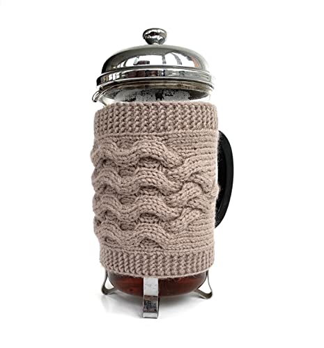 Hand Knit French Press Cozy Wool Warmer Cover Holiday Table Decor Tan Light Brown Tea Pot Housewarming Gift