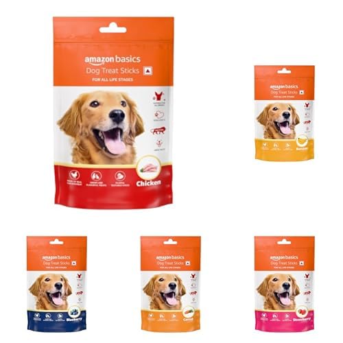 Image of Amazon Basics Soft Chewy Treat Sticks for Dogs - High Protein and Flavourful - Variety Pack All Flavours, 840gms (Pack of 6, 140gms x6) - Chicken, Blueberry, Starwberry, Banana, Spinach and Carrot