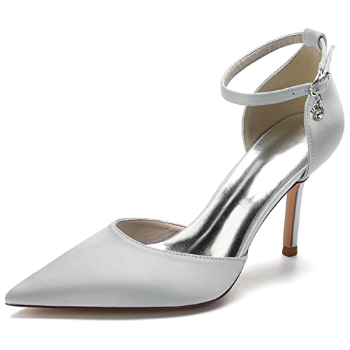 Sandalias Mujer con Tacon con Tiras Traseras Zapatos de Salón Satén Zapatos de Boda Mujer Novia Zapatillas de Punta Afilada Tacones Sandalias de Tacón,Plata,39 EU