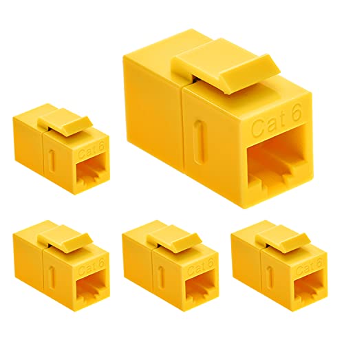 Beszin Cat.6 RJ45 Inline Coupler with Keystone Latch, Female-Female [50-Micron Gold Plated] (5-Pack, Yellow)