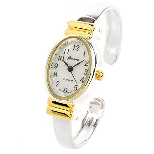 STC 2Tone Small Size Oval Face Metal Band Women's Bangle Cuff Watch
