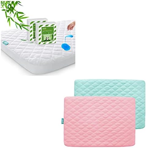 Bamboo Pack N Play Mattress Protector, 2 Pack, White & Pack n Play/Mini Crib Sheets, 2 Pack, Pink & Aqua