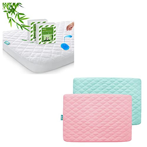 Bamboo Pack N Play Mattress Protector, 2 Pack, White & Pack N Play/Mini Crib Sheets, 2 Pack, Pink & Aqua #TOP22