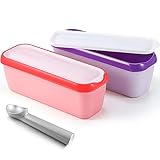 Nuenen 2 Pcs Reusable Ice Cream Containers with Lids and a Scoop 1.5 Quarts Plastic Rectangle Dessert Storage Tubs Homemade Ice Cream Storage Containers for Freezer Kitchen Refrigerator (Purple,Red)