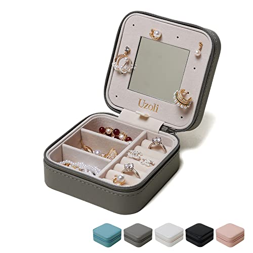 Uzoli Joyero de viaje pequeño para mujeres y niñas joyero organizador con espejo para pendientes anillos cadenas - gris Cover