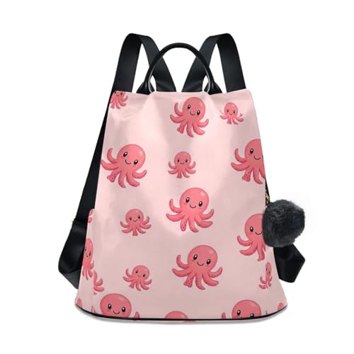 Sac à dos antivol rose pour femme avec motif pieuvres et pompon chic