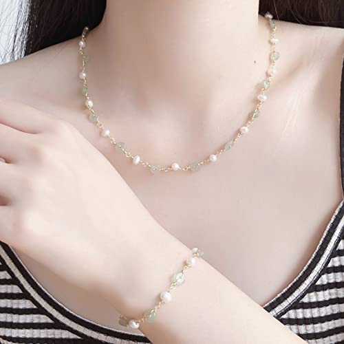 Looyuupee 14K Gold Plated Natural Jade & Pearls Necklaces For Women, Natural Freshwater Pearls Jade Pendant For Women, Lucky Green Jade Jewelry Chain For Women Lover (14K Gold Plated) #TOP6