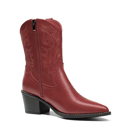 Image of DREAM PAIRS Women's Cowboy Boots, Pointed Toe Chunky Heel, Zipper Pull-On Stitched Western Ankle Boots