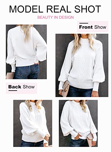 Dokotoo Womens Cozy Turtleneck Cable Knit Balloon Long Sleeve Sweaters Solid Casual Plain Pullovers Sweaters Outerwear Jumpers Top White L #TOP2