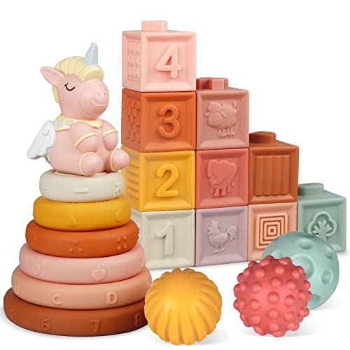 Image of Plunack Baby Toys 6 to 12 Months, Montessori Toys for Babies, 3 in 1 Soft Building Blocks Stacking Rings Sensory Balls Set with Unicorn Toy Learning Infant Teething Bath Toys Gifts for Boys Girls