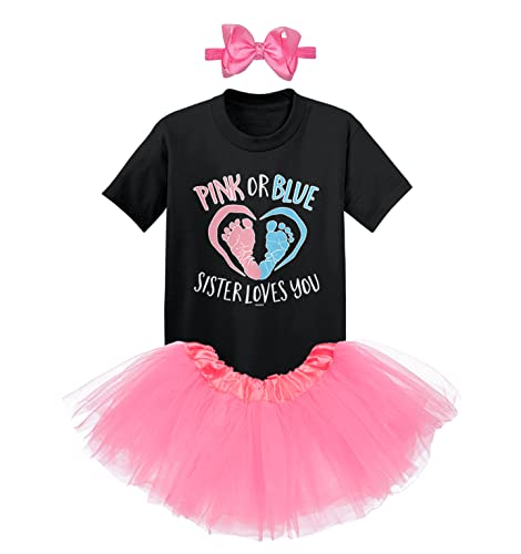 Pink Or Blue Sister Loves You - Gender Reveal Baby Bodysuit + Tutu Skirt + Bow Headband Set2