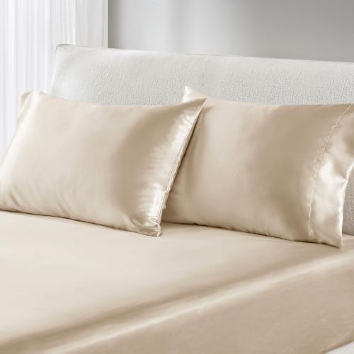 Image of Madison Park Essentials Satin Pillowcase 2 PCS, Silky, Standard Champagne | Pillowcase Cover for Hair & Skin, Luxuriously Soft, Natural Sheen Luster, Cool to Touch, Wrinkle-Free, Machine Washable