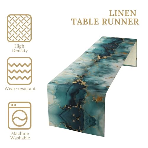 Teal White Gold Marble Table Runner, Teal White and Gold Abstract Texture Marble Pattern Print for Home Kitchen Table Decor Dining Coffee Room Party Decor 13x90in by PHTAYOT - Used condition - Image 5