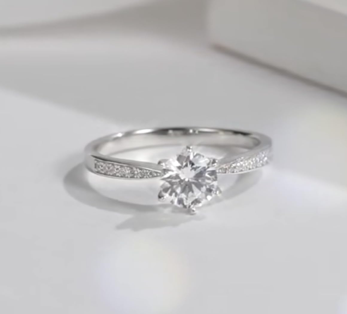 Anillo de Compromiso con Rhinestone Redonda, Plata, Ajustable, Estilo Solitario con Pavé