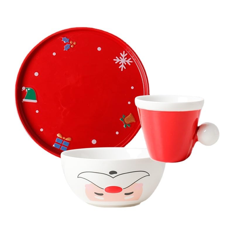 Ceramic Joe Christmas Themed Coffee Mug Salad Bowl Steak Plate 3-piece Set Ceramic Cutlery (Red Santa Claus)