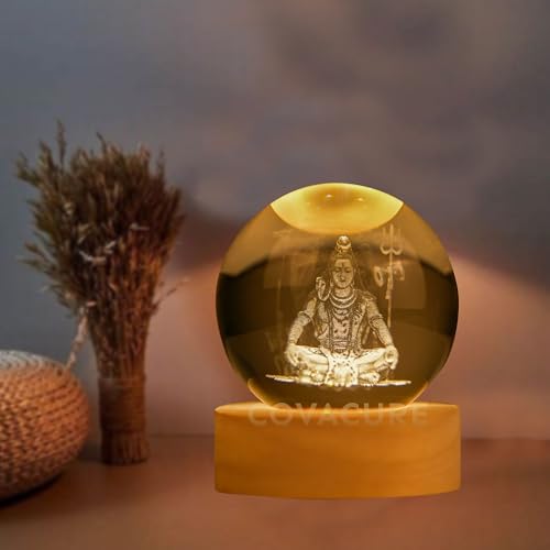 Image of COVACURE 3D Shiv Crystal Ball Night Lamp, Solar System Shiv Idol Crystal Ball Night Light, USB Table Colorful LED Wooden Base Lamp for Home, Office, Birthday Gift