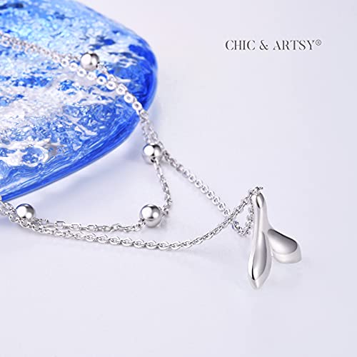Chic & Artsy Tail Anklets 925 Sterling Silver Mermaid Tail Anklet Adjustable 11 Inches Boho Layered Foot Chain Whale Tail Anklet For Women Beach Double Chain Dolphin Tail Anklet #TOP3