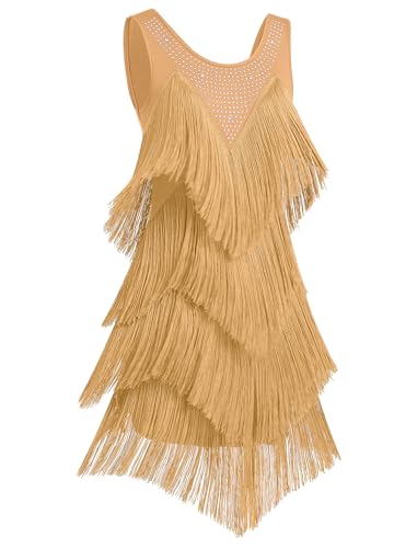 AGYMNX Womens Tassel Latin Dance Dress Sleeveless Fringed Dresses with Rhinestones Fancy Cocktail Party Dancewear for Samba Cha Cha Gold 2XL