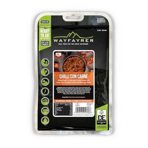 Wayfayrer Camping Food 300g Ready to Eat Hot or Cold Meal Pouch | Duke of Edinburgh Recommended Kit | Camping Hiking Fishing and Outdoor Adventures (Chilli Con Carne & Rice)