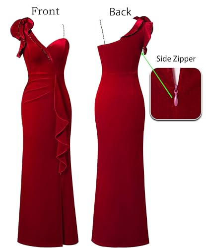 Image of VFSHOW Womens Formal Prom Elegant Ruffle One Shoulder Beaded Strap Ruched Slit Maxi Dress Wedding Evening Long Gown