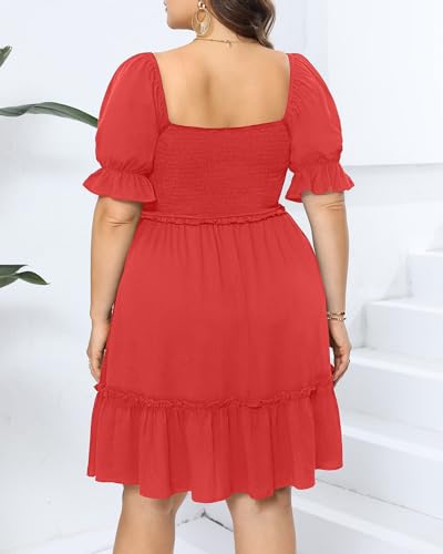 Image of Pinup Fashion Plus Size Summer Dresses-2026 Casual Puff Sleeve Sweetheart Neckline Smocked Short Babydoll Dress