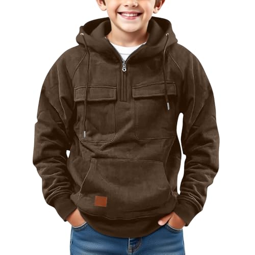Boys Fleece Cargo Hoodies Cropped Zipper Multi Pockets Plain Hoodie Sweatshirts Teen Kids Thick Warm Pullover Tops2