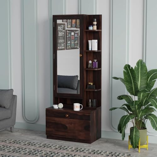 Image of Rajasthali Furniture Wooden Dressing Table with Mirror, Vanity Table for Bedroom with Storage Drawer & Open Shelves, Makeup Table with Mirror Cabinet, Dressing Unit for Home Furniture (Walnut Finish)