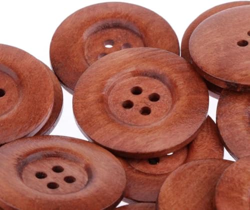 Image of Pack of 6 Big Coffe Brown Wooden Buttons Diameter 34 mm,(1 3 /8 inch) 4 Holed for Sewing and Art and Craft Round Buttons with 4 Holes