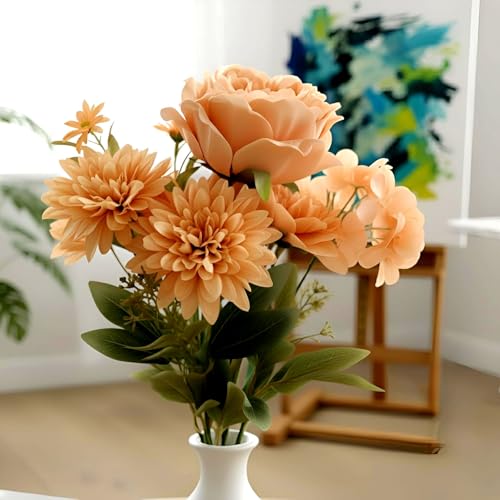 Image of Artificial Flower Bouquet - Orange Silk Roses, Peony & Mixed Flowers with Green Leaves | Realistic Faux Floral Arrangement for Home Decoration, Wedding, Party & Gift