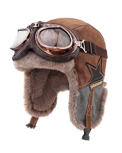Peicees Aviator Hat and Goggles Pilot Cap with Goggles- Vintage Aviator Costume Winter Trapper Hat with Earflaps Adult Brown