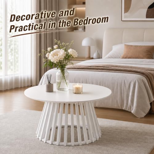 Image of HNY White Round Coffee Table, Wood 31.5 inch Center Table for Living Room | Modern Mid Century Circle Coffee Table with Fluted Base for Outdoor Patio, Home Small Space, Bedroom, Apartment, Studio