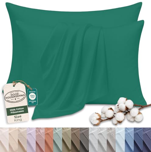 Image of Royale Linens 100% Cotton Pillow Cases King Size Set of 2 - Percale Pillowcase - Green Pillow Cases Super Soft Cooling & Breathable Hotel Cotton Pillowcases, Fits King Pillows (20 inchx40 inch, Hunter Green)