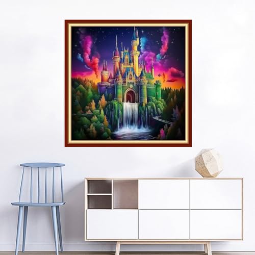 Image of Joyhoor Cross Stitch Kits for Beginners Stamped Cross-Stitch Supplies Needlework preprint Embroidery Kits for Adults DIY Needlepoint Kits Embroidery Patterns 11CT-Rainbow Castle 18x18 inchs