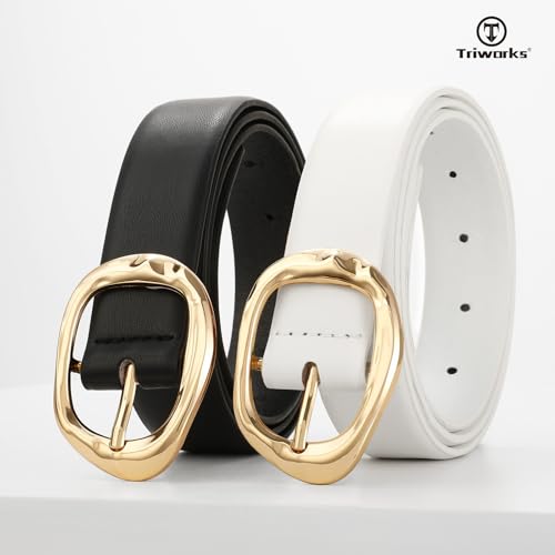 Image of TRIWORKS 2 Pack Leather Belts for Women Fashion Waist Belt with Liquid Shapes Women Belt for Jeans Pants Dresses