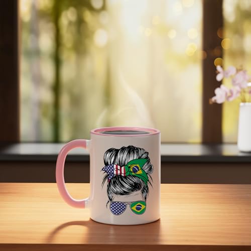 Taza cerámica Brasil y USA 11 Onzas Rosa/Blanco miniatura 3