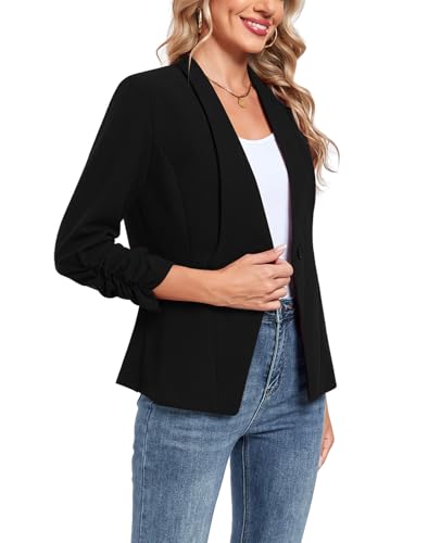 MINTLIMIT Womens Blazer 3/4 Rcuhed Sleeve Button Lightweight Collarless Blazer Business Work Office Jacket Blazers2