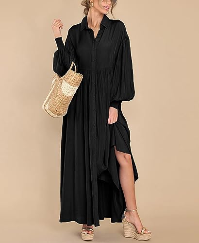 Image of chouyatou Women's Casual Long Sleeve Button Down Shirt Dress Elegant Pleated Flowy Swing Maxi Dress
