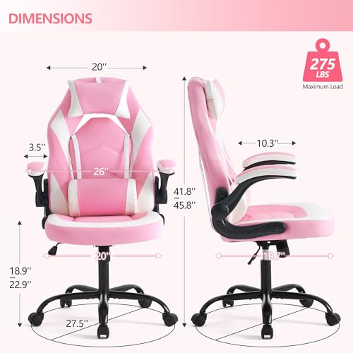 Image of Sweetcrispy Ergonomic Gaming Desk Chair - Computer Video with Comfy Lumbar Support and headrest, PU Leather with Flip-up Arms, Adjustable Height and Swivel Wheels, Home and Office, Pink