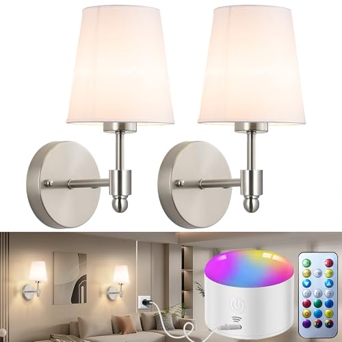 YHCDLAMP Battery Operated Wall Sconces Set of Two, Rechargeable Wireless Wall Lights with 10000mAh RGB Dimmable Detachable Bulb, Battery Sconces Wall Decor with Remote for Bedroom Living Room Hallway
