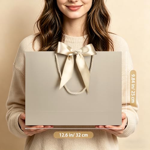 Image of JMANNI Gift Bags with Handles, 13 inch Medium Gift Bag for Presents, 8 Pcs Bags with 16 Tissue Paper and 8 Cards for Baby Shower Wedding Bridal Shower Mother's Day Birthday Party(Champagne silver)