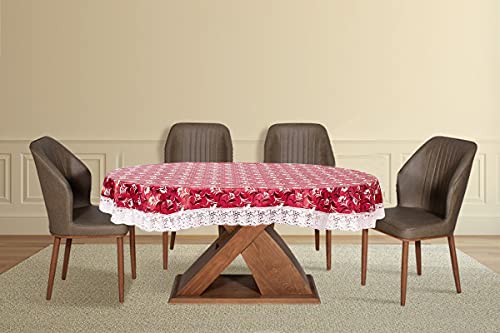 Image of The Furnishing Tree Waterproof PVC Oval Shaped 8 Seater Table Cover WxL 60x90 inches Floral Pattern Magenta with White Border lace