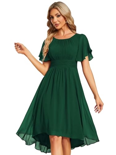 Ever-Pretty Robe de Cocktail Soirée Femme Col Rond Manches Courtes Mousseline Vert Foncé 36