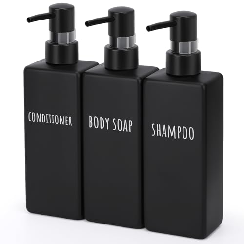 Segbeauty シャンプーボトル 3本セット 500ml マットブラック 黒い 方形 ディスペンサー 詰め替えボトル ステッカー付き 防漏デザイのンポンプ 容器 大容量 おしゃれ 漏れ防止 簡単取り付け 浴室 洗面所 アルコール 洗濯洗剤 食器用洗剤