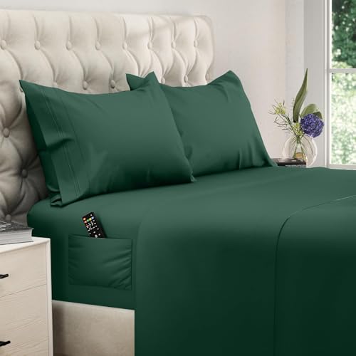 Image of DREAMCARE California King Sheet Sets - 4 pcs Breathable Cooling Sheets - up to 15 inch Deep California King Sheets with Side Pockets - Extra Soft 100% Brushed Hypoallergenic Hotel Luxury - Emerald Green